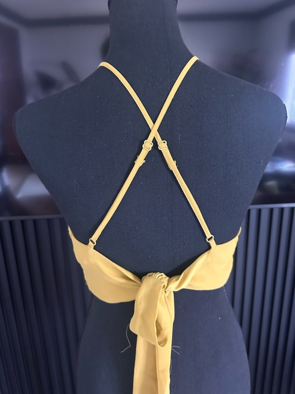 Sleek Mustard Halter Crop Top with Slim Straps - Picture 3 of 8